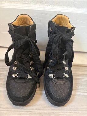 Isabel Marant Black Lace-Up High-Top Hiking Boots with Tan Lining